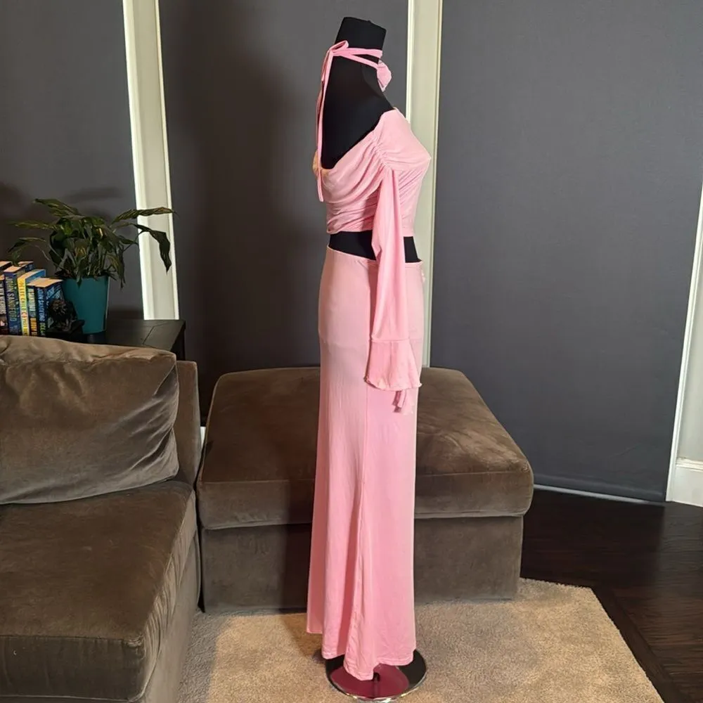 Pink 2 Piece Set Off the Shoulder Long Sleeve Crop Top & Skirt Size L NEW Size L - Image 5