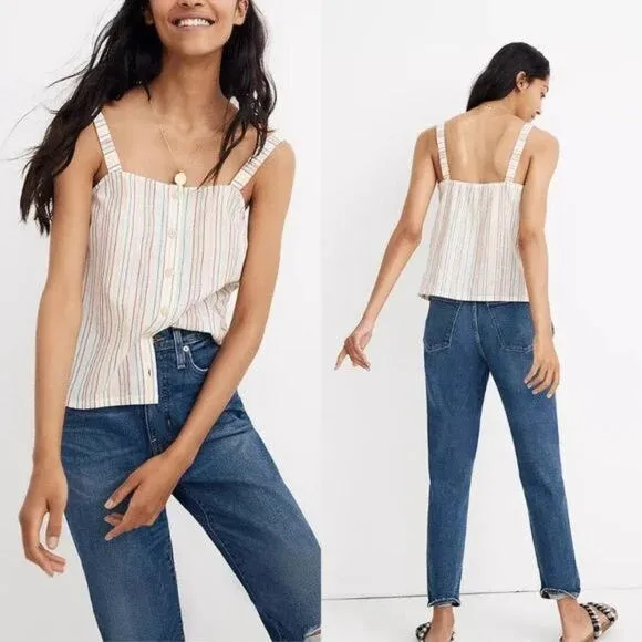 Madewell Button Front Rainbow Stripe Cami Tank Top Small Textural Embroidered - Image 2
