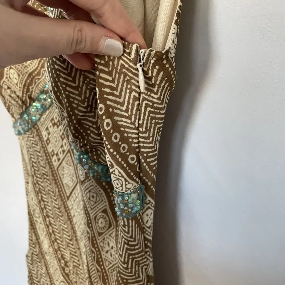 Sangria Vintage low waist Bohemian Brown Dress Beaded V-Neck Ruffled sleeve 10 - Image 8