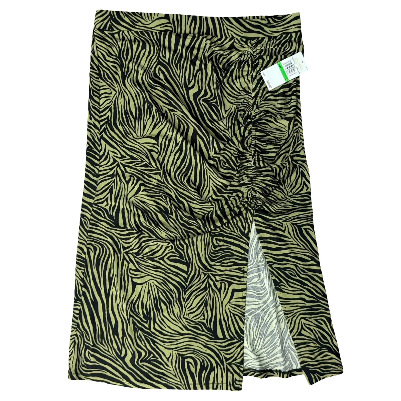 Michael Kors Olive Green Black Zebra Print Side Ruched Midi Skirt size L NEW Tag - Image 2