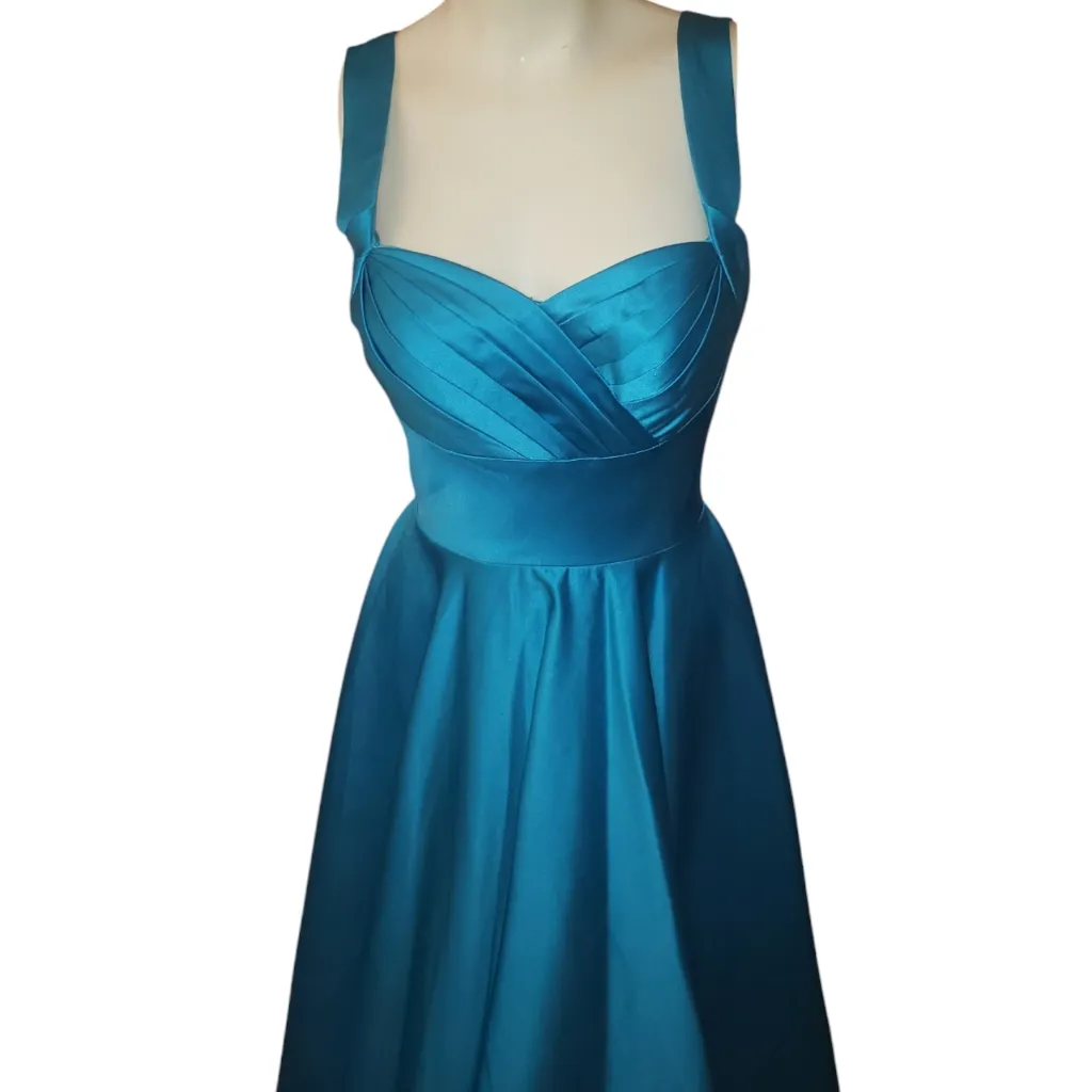 Unique Vintage Turquoise Satin Happily Ever After Pleated Swing Dress size XS - Image 2