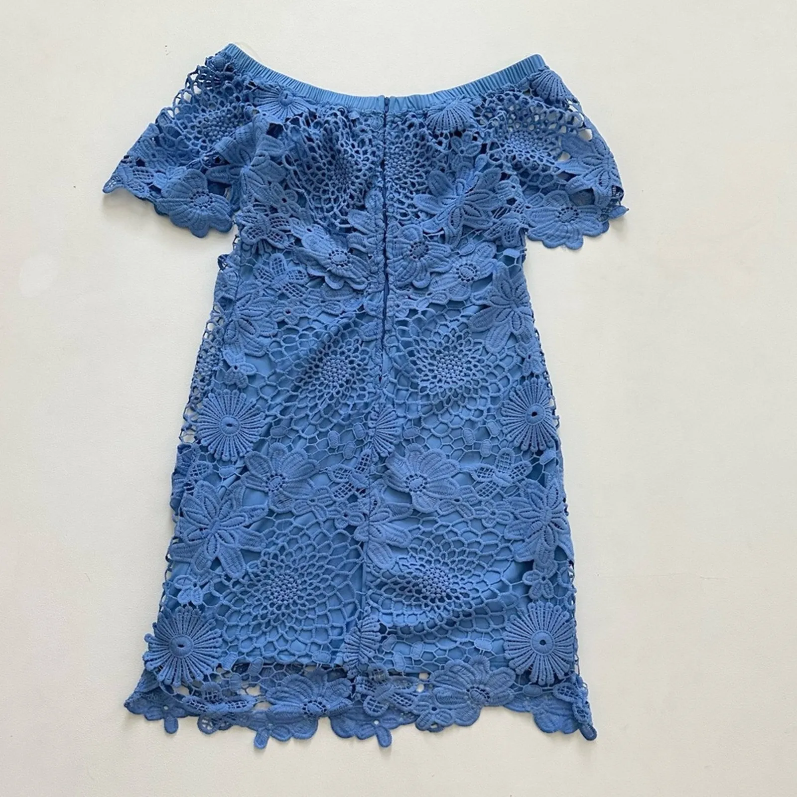 Mimi Chica Dress Blue Lace Crochet Off Shoulder Short Sleeve Mini Medium NEW - Image 6