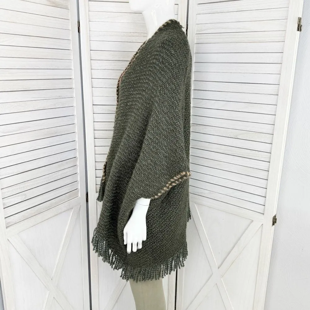 Lucky Brand Boho‎ Fringe Hem Kimono Sweater Chunky Poncho Cardigan Olive Green - Image 3
