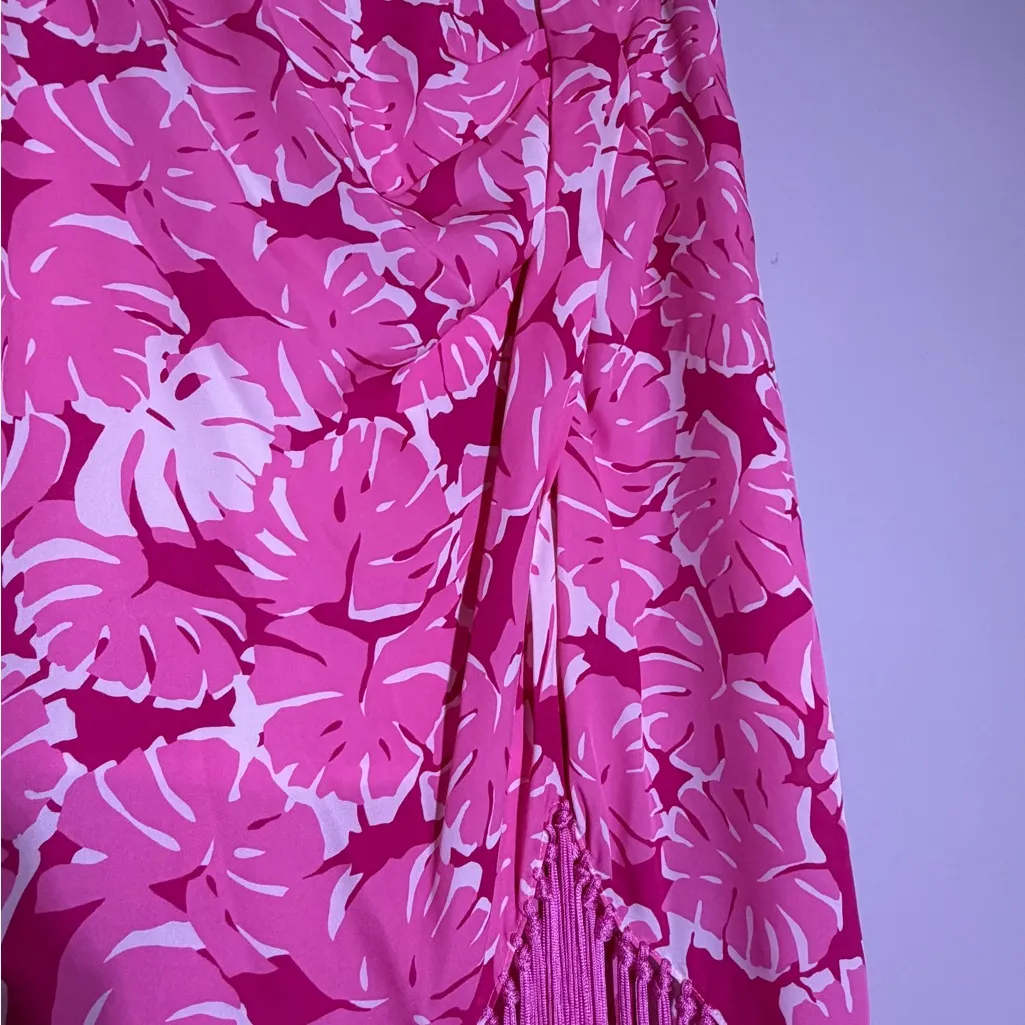 Michael Kors 100% silk pareo skirt with fringes and tropical print (pink/white) - Image 4