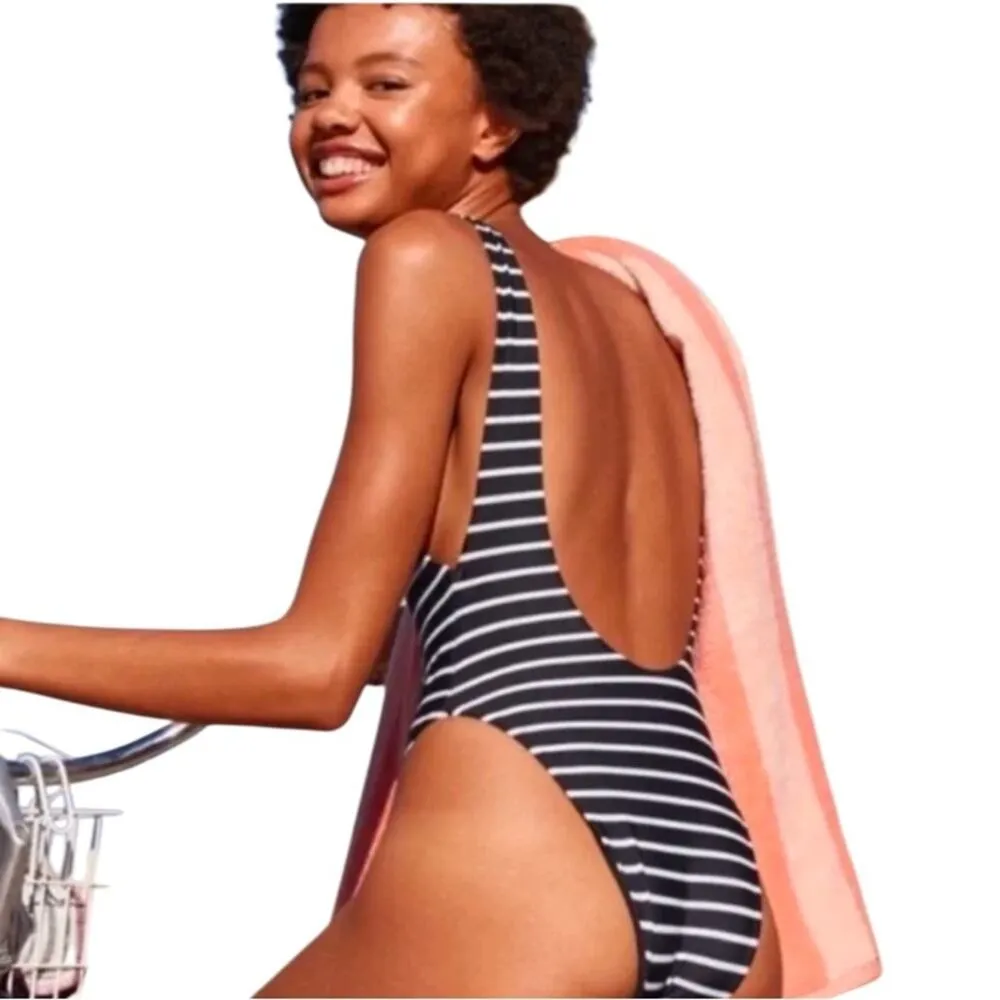 American Eagle Aerie Super Scoop Striped One Piece Black Size Medium - Image 4