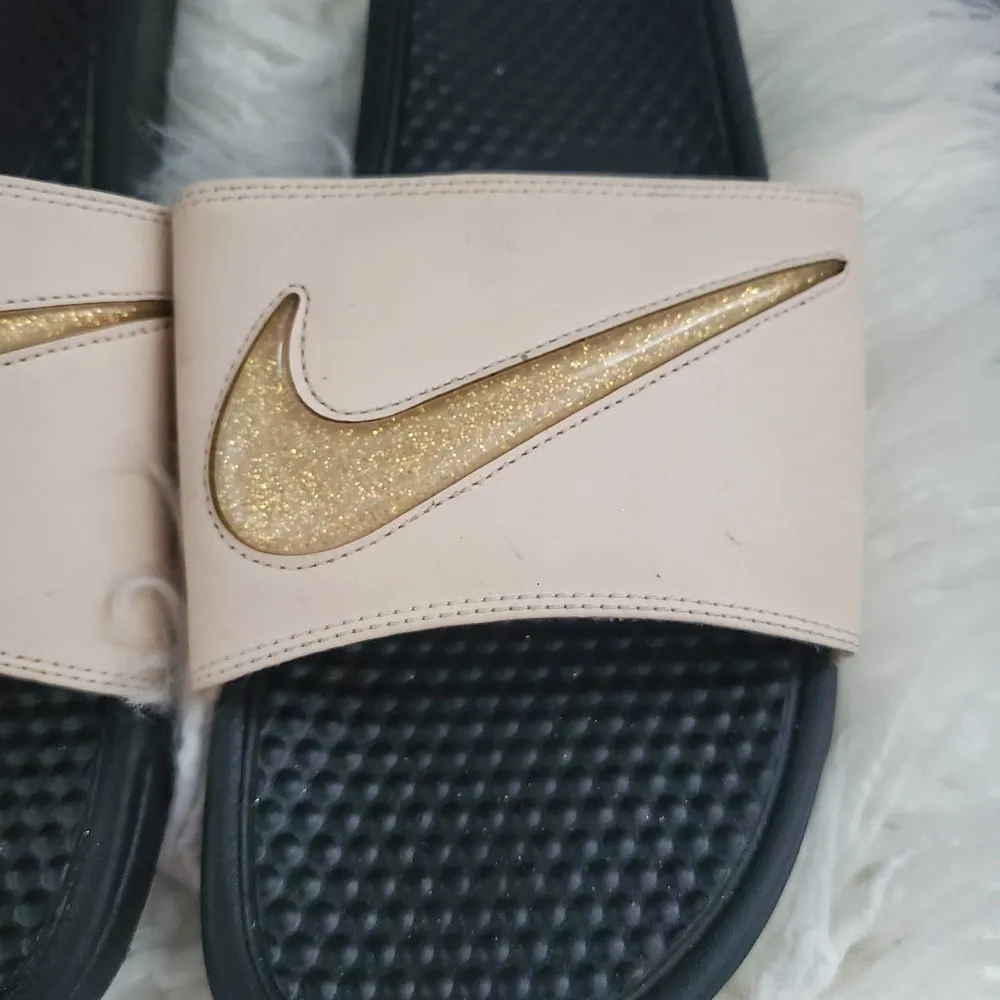 NIKE Women's Benassi Gold Swoosh Slides 12 - Image 3