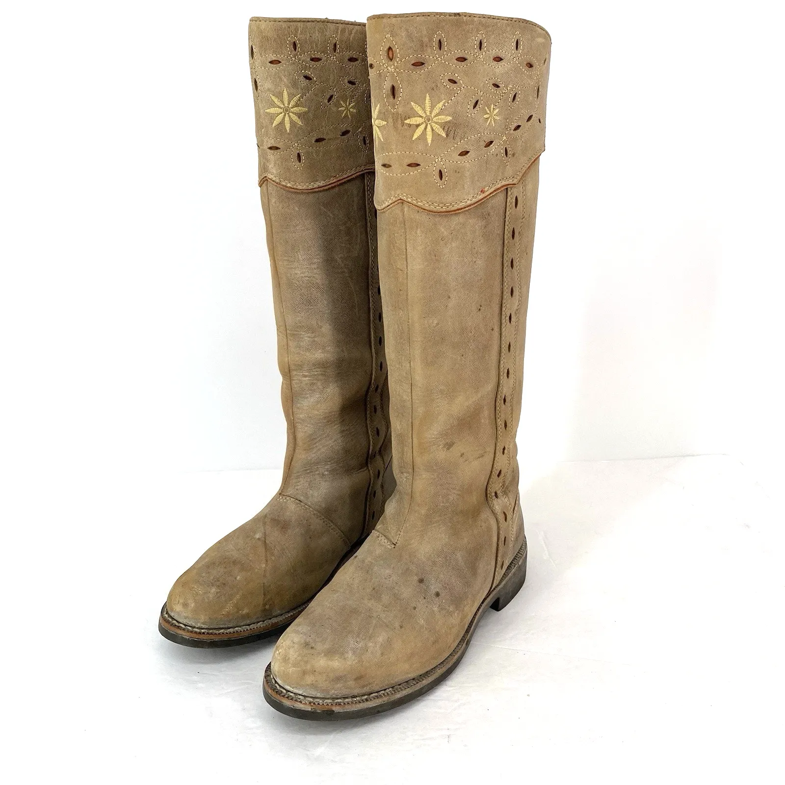 Joules Leather Riding Boots Embroidered Distressed Tan Women's Size US 8 UK 6 - Image 10