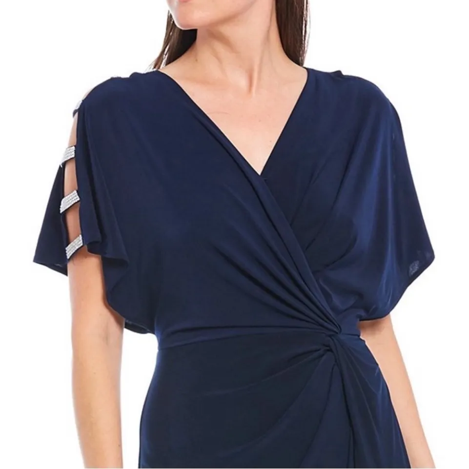 NWT Alex Evenings Long Knot‎ Front Dress Navy Blue Bling Sleeve Cutouts Size 10 - Image 4