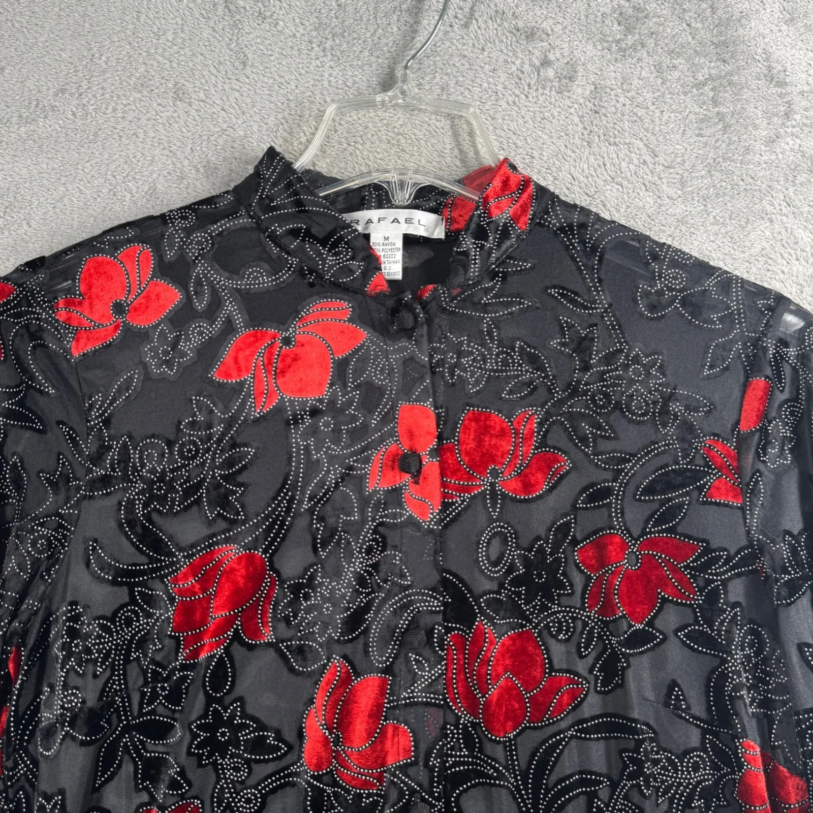 Rafael Top Floral Velvet Burnout Blouse Black Red‎ Mandarin Collar Womens Medium - Image 4