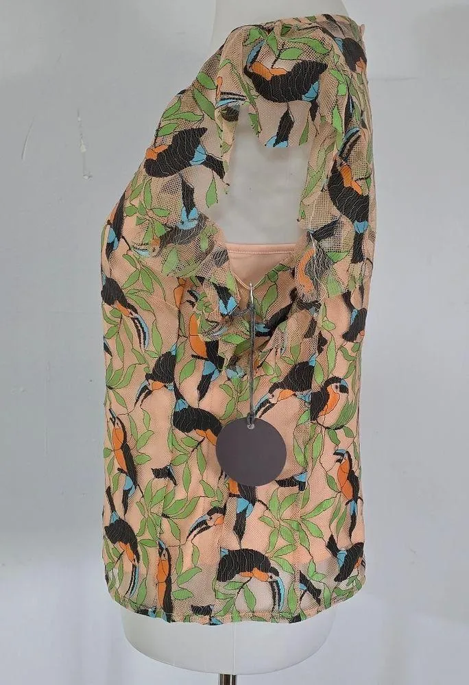 Anthropologie Eva Franco Beige Bosque Embroidered Toucan Blouse Size Medium - Image 3