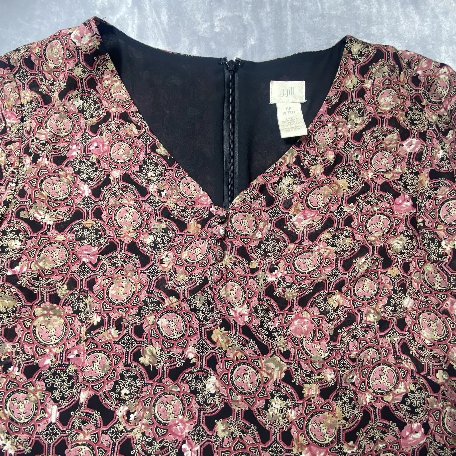 J Jill Sz 6 Petite Midi Dress V-Neck Artsy Stretch Career 3/4 Sleeve Back Zip‎ - Image 6