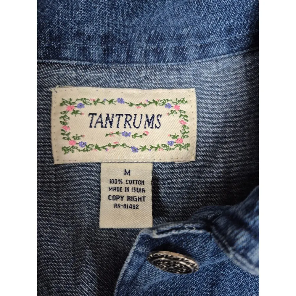 vtg y2k Tantrums Blue Denim Shirt Jacket Pockets Purple Sequined Embroidery M Size L - Image 5