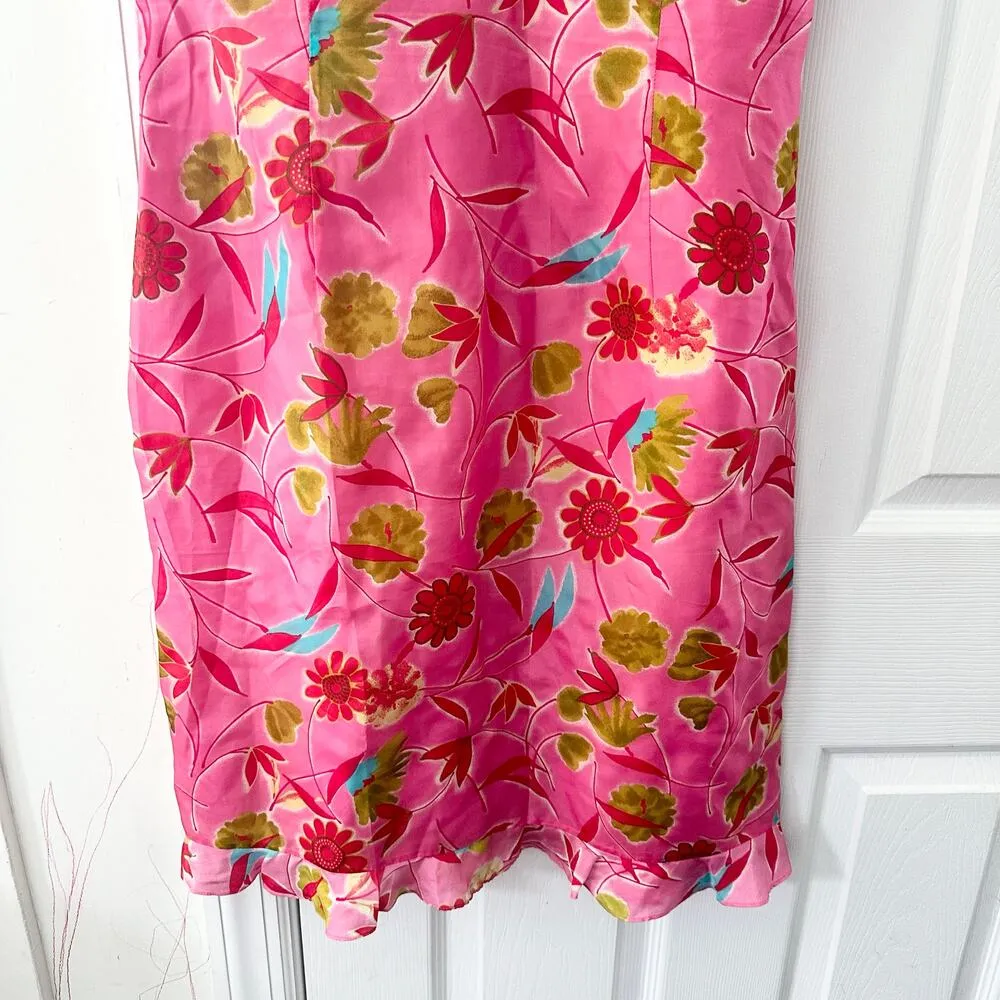 Tahari Bright Pink Floral Silk V Shift Dress Ruffle Trim Vintage Y2K Girly 8 - Image 3