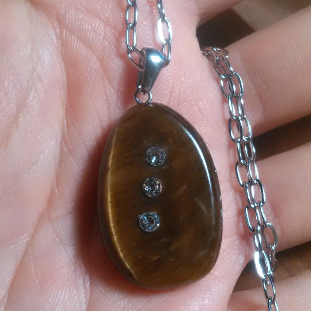 Tiger's Eye and White Austrian Crystal Stainless Steel Pendant Necklace - Image 2