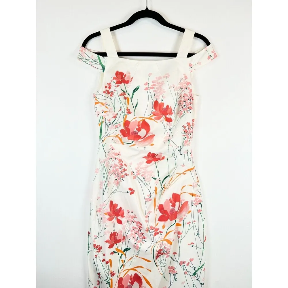 Karen Millen Womens Dress White Floral Royal Ascot Midi Cold Shoulder Pencil 6 - Image 9