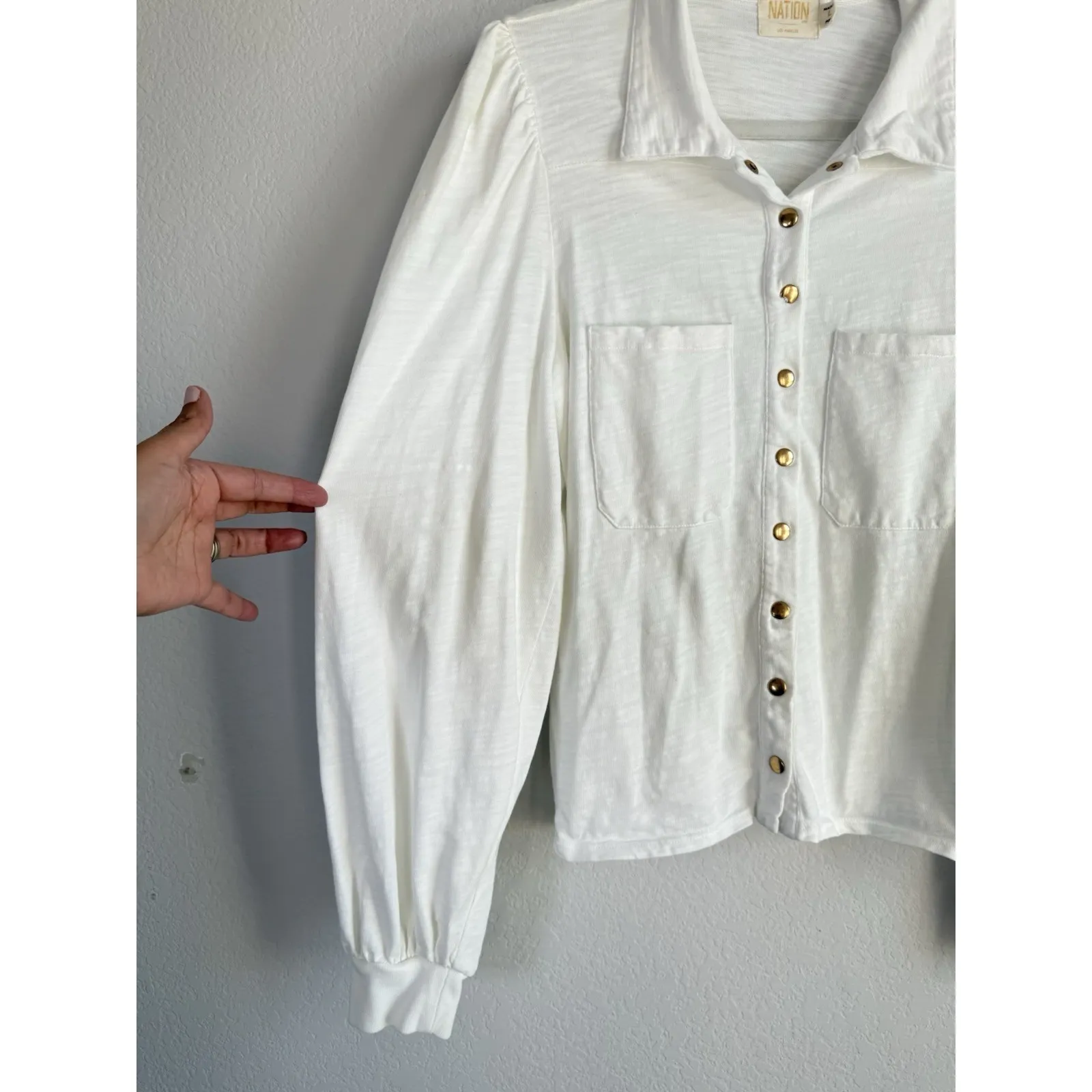 Nation LTD Desta Femme Top Long Puff Sleeves Button Down Shirt Women's L White - Image 5