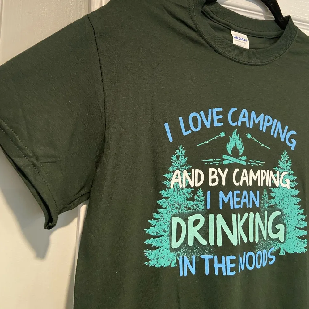 NWOT Green Size L Graphic Print Tee Shirt Love Camping Drinking Woods Funny - Image 4