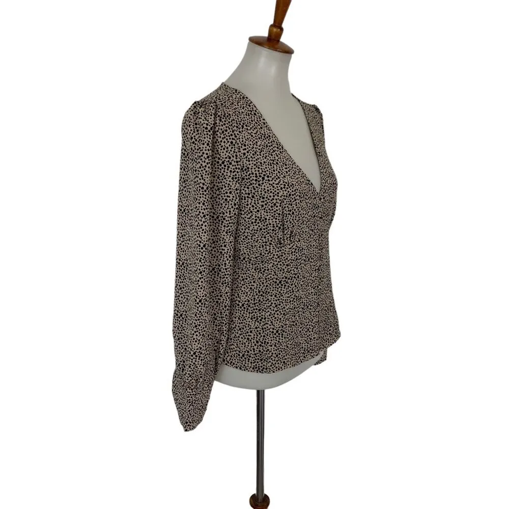 Lulus  Beige Black Polka Dot Blouse Long Sleeve Deep V Neck Lightweight Top M - Image 3