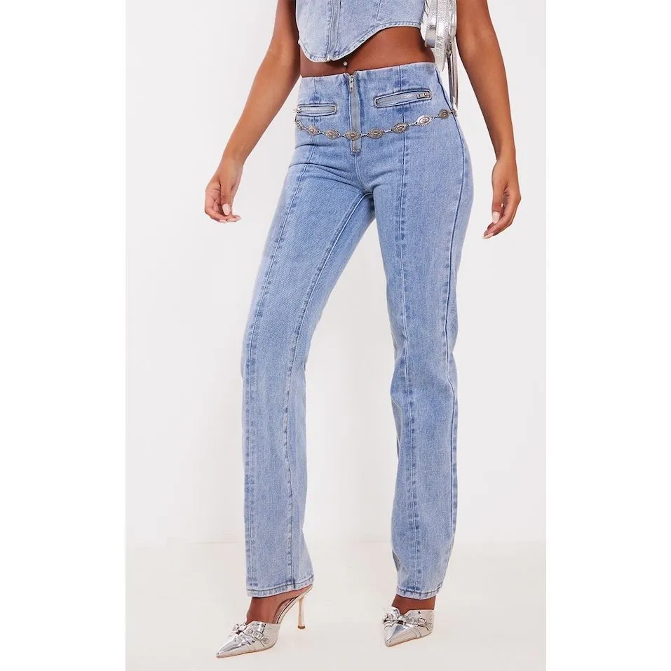 Pretty Little Thing Blue Wash 16 UK Tall Straight New Vintage Look Jeans - Image 2