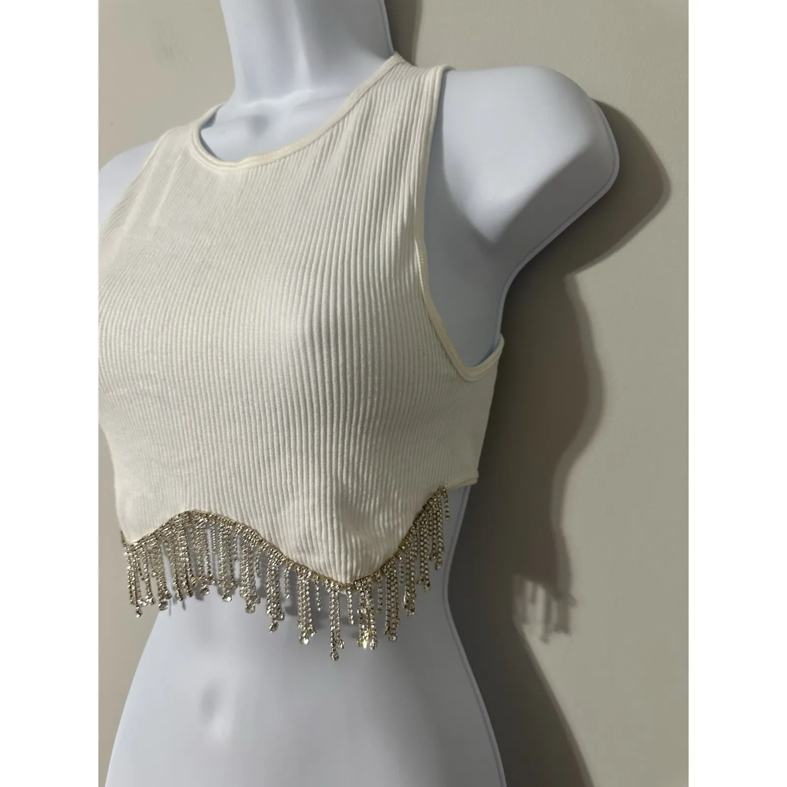 Zara Limited Edition Seamless Crop Top Viral Rhinestone Fringe Hem Sz XS/S - Image 4