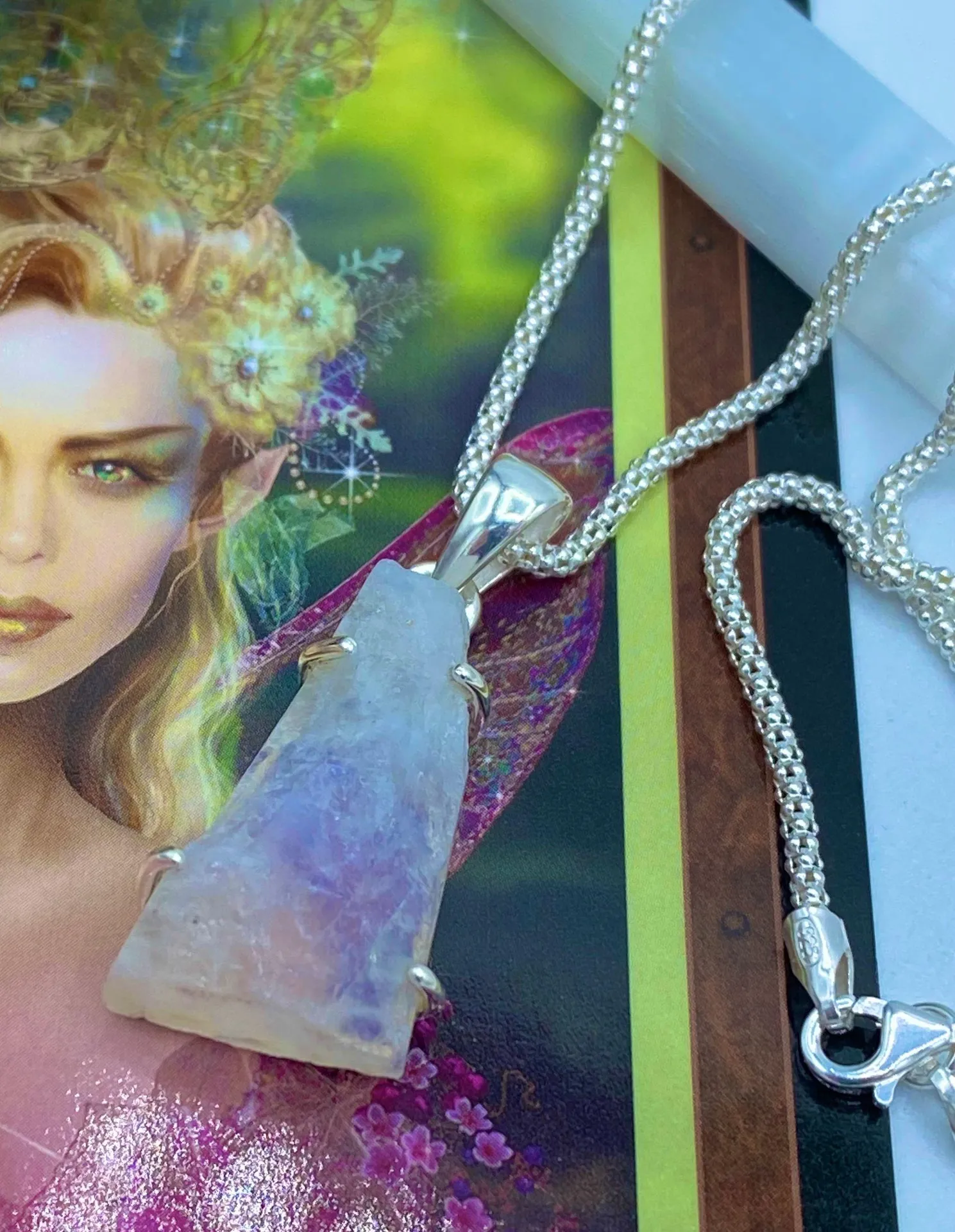 Rainbow Moonstone Rough Solid Sterling Silver Pendant On Popcorn Chain - Image 2