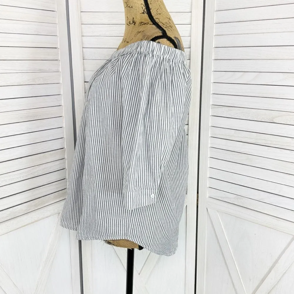 14th & Union‎ Striped Button Back Off The Shoulder Shirt Grey White Medium - Image 3