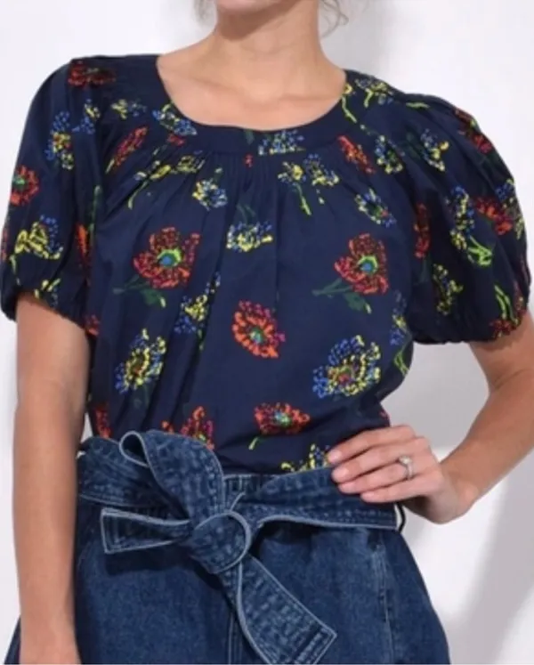 Ulla Johnson Celine Puff Sleeve Blouse Top Shirt Puff Sleeves Midnight Floral 0 - Image 1
