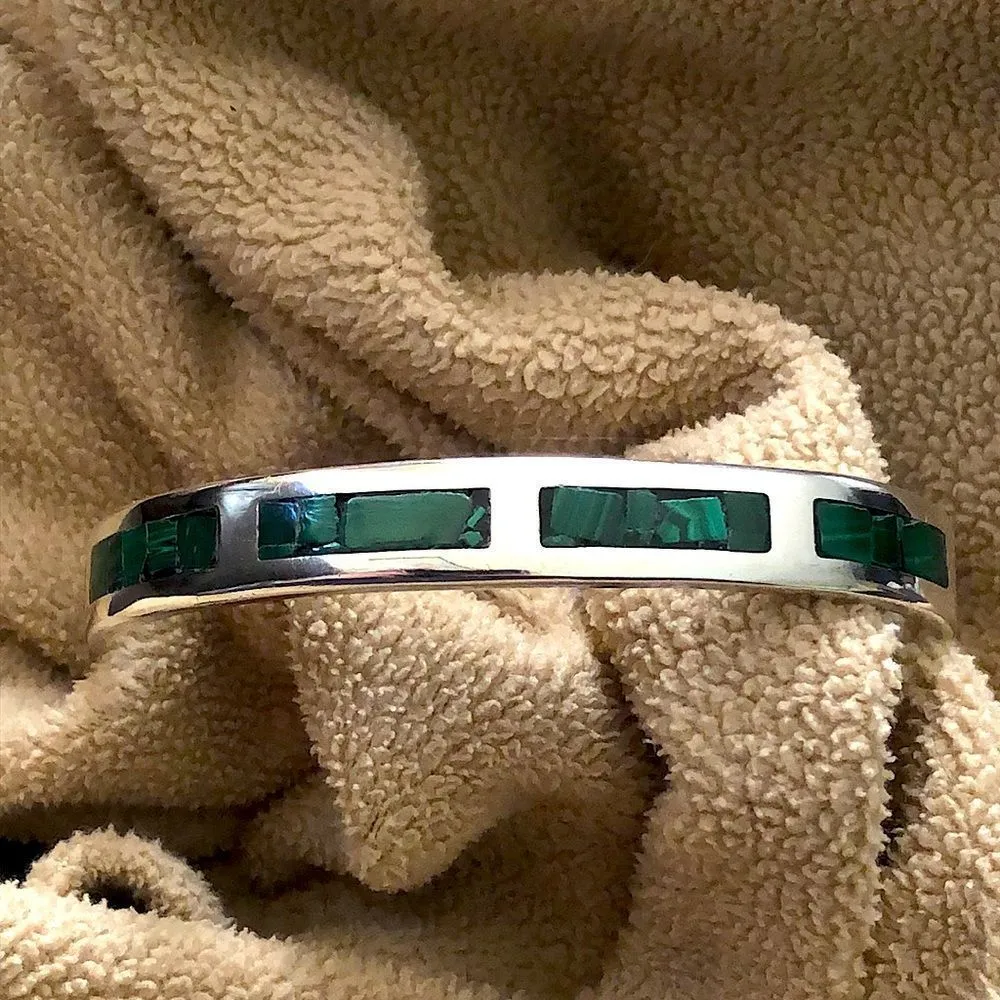 Sterling Silver & Malachite Cuff Bangle Bracelet - Image 10
