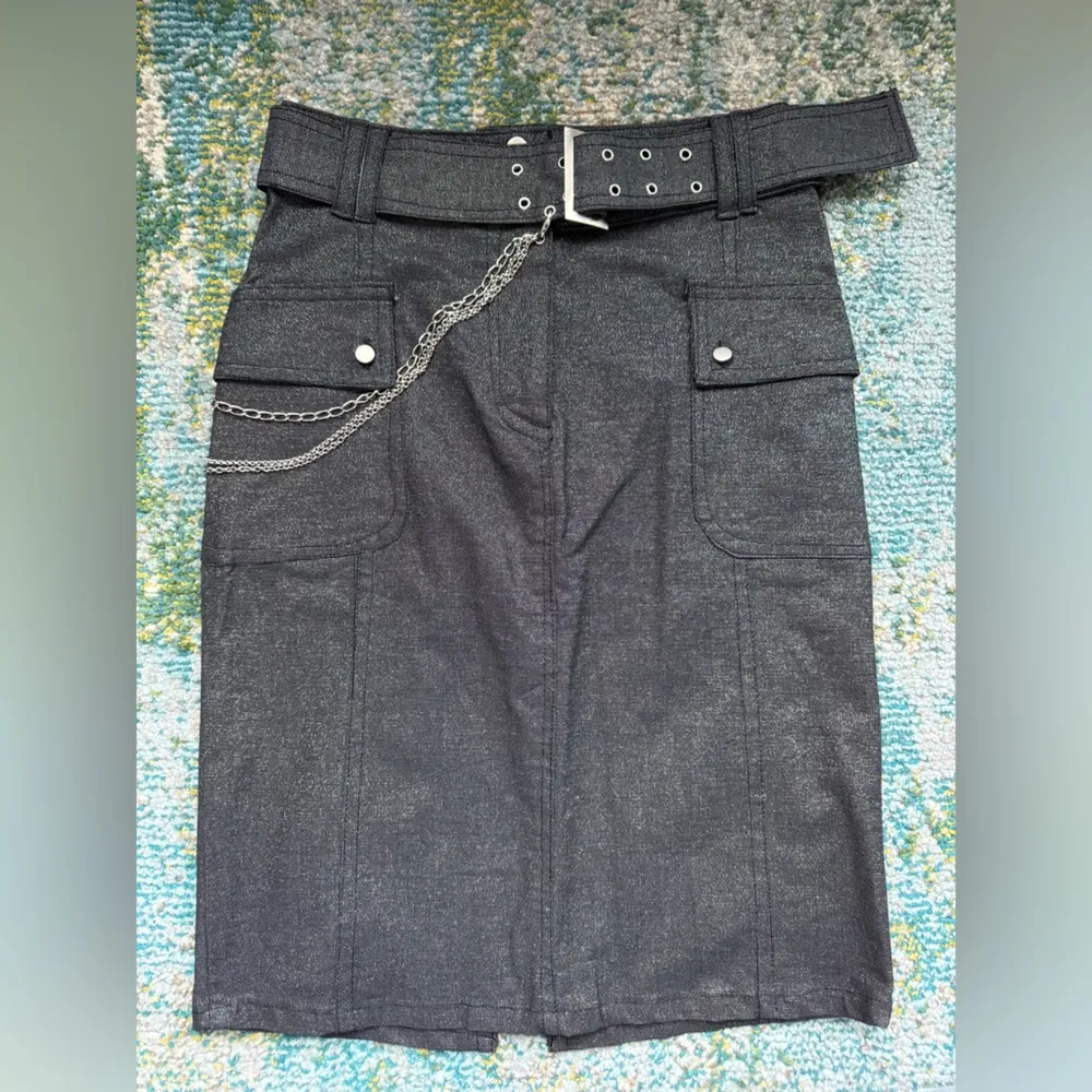 Vintage Erica Brooke metallic shimmer chain belt pencil skirt, size medium Black - Image 9