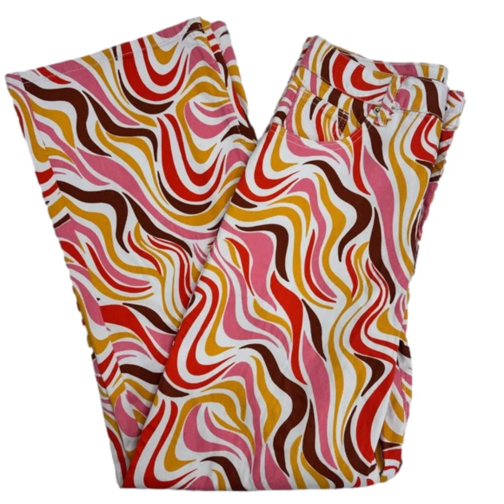 70’s Inspired Retro HR Wide Leg Jeans by Rue 21 Pink Orange Brown White Large - Image 5