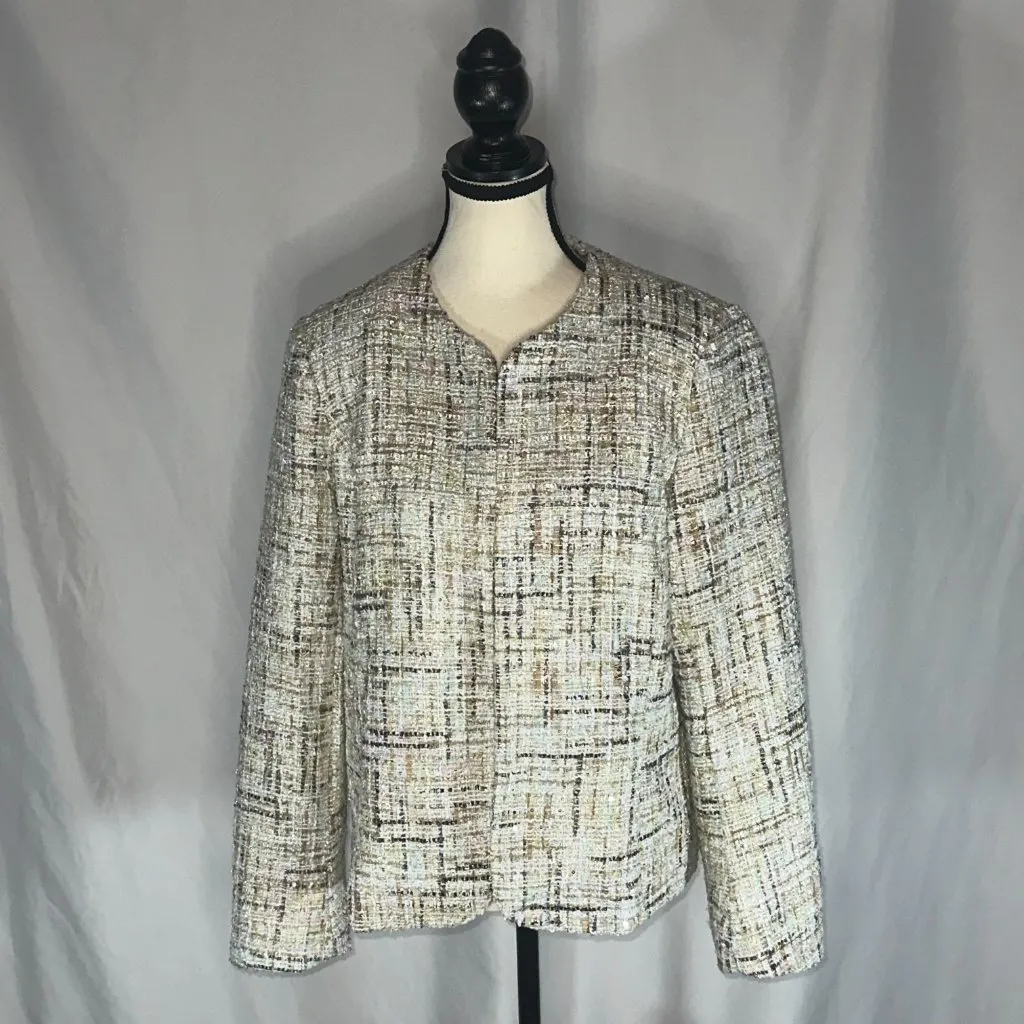 Anne Klein - Latte Lined Tweed Sequin Plaid Tulip Cut Slit Sleeve Blazer Size 12 - Image 3