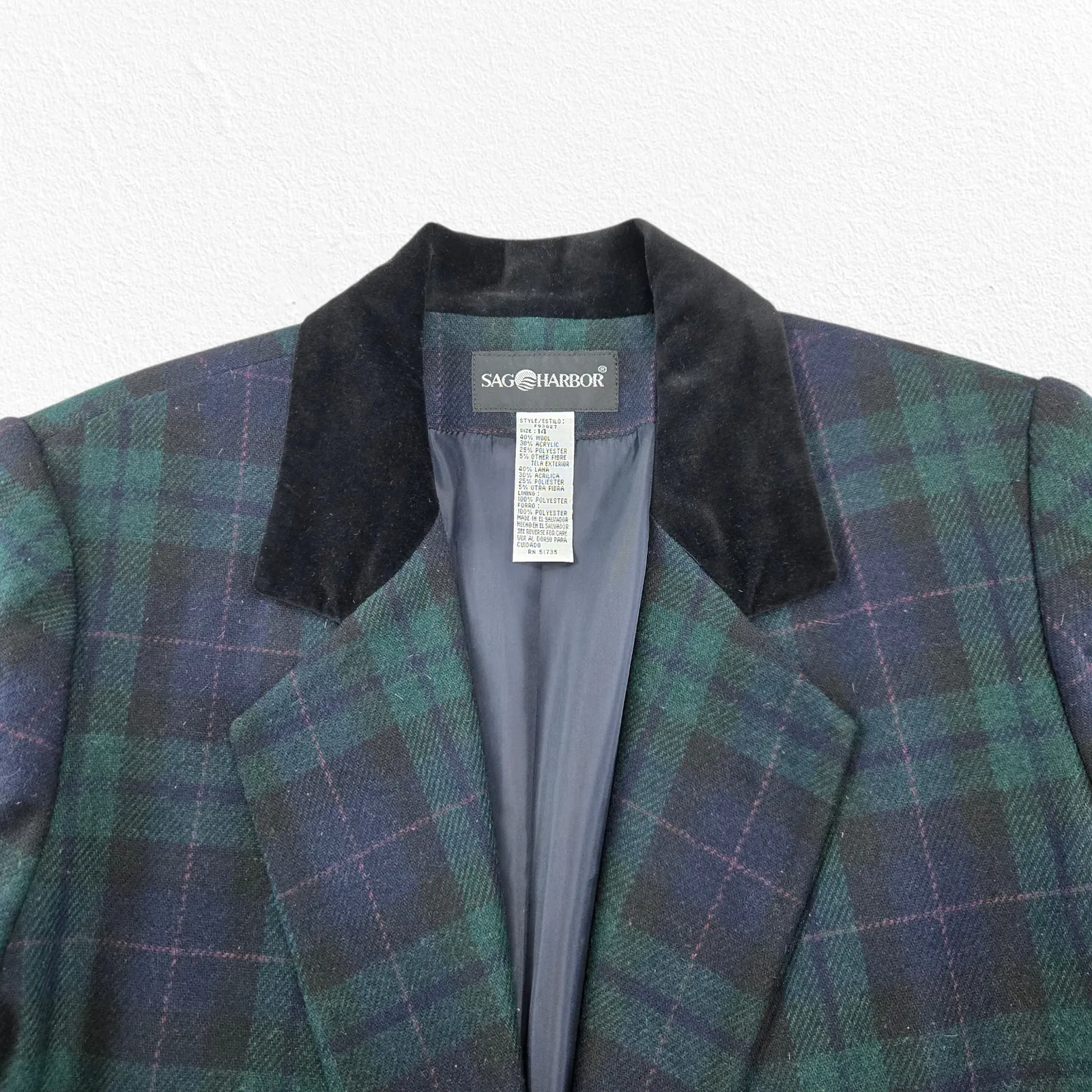 Vintage Black Watch Tartan Green Plaid Wool Blend Blazer Velvet Collar Size 14 - Image 4