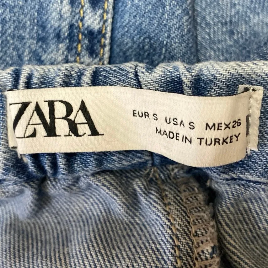 Zara Women's Blue High Waisted Tie Waist Wide Leg Baggy Denim Jeans Size S - Image 4