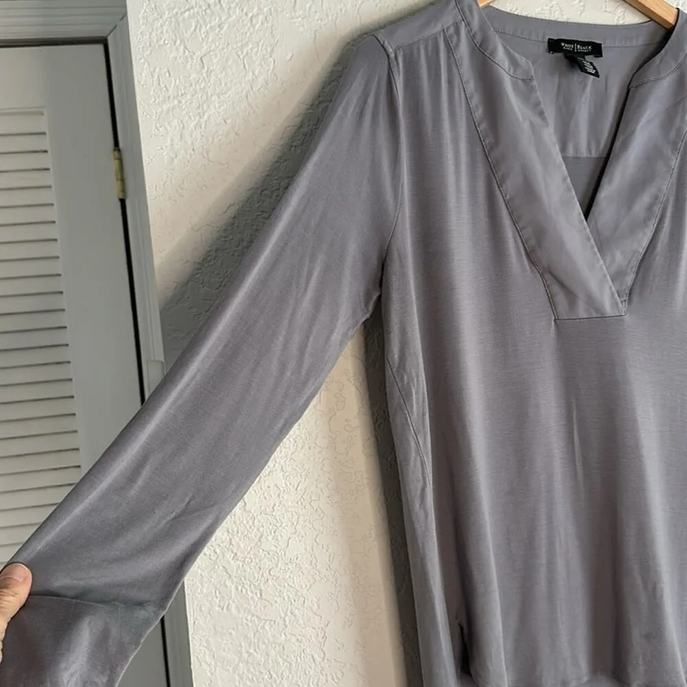 WHBM Gray Blouse V Neck Medium Long Sleeve Minimalist Rayon Office Capsule - Image 3