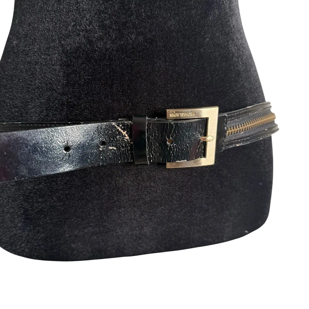 Michael Kors Black Leather Belt Gold Buckle Zipper Detail‎ Women Size L FLAW - Image 3