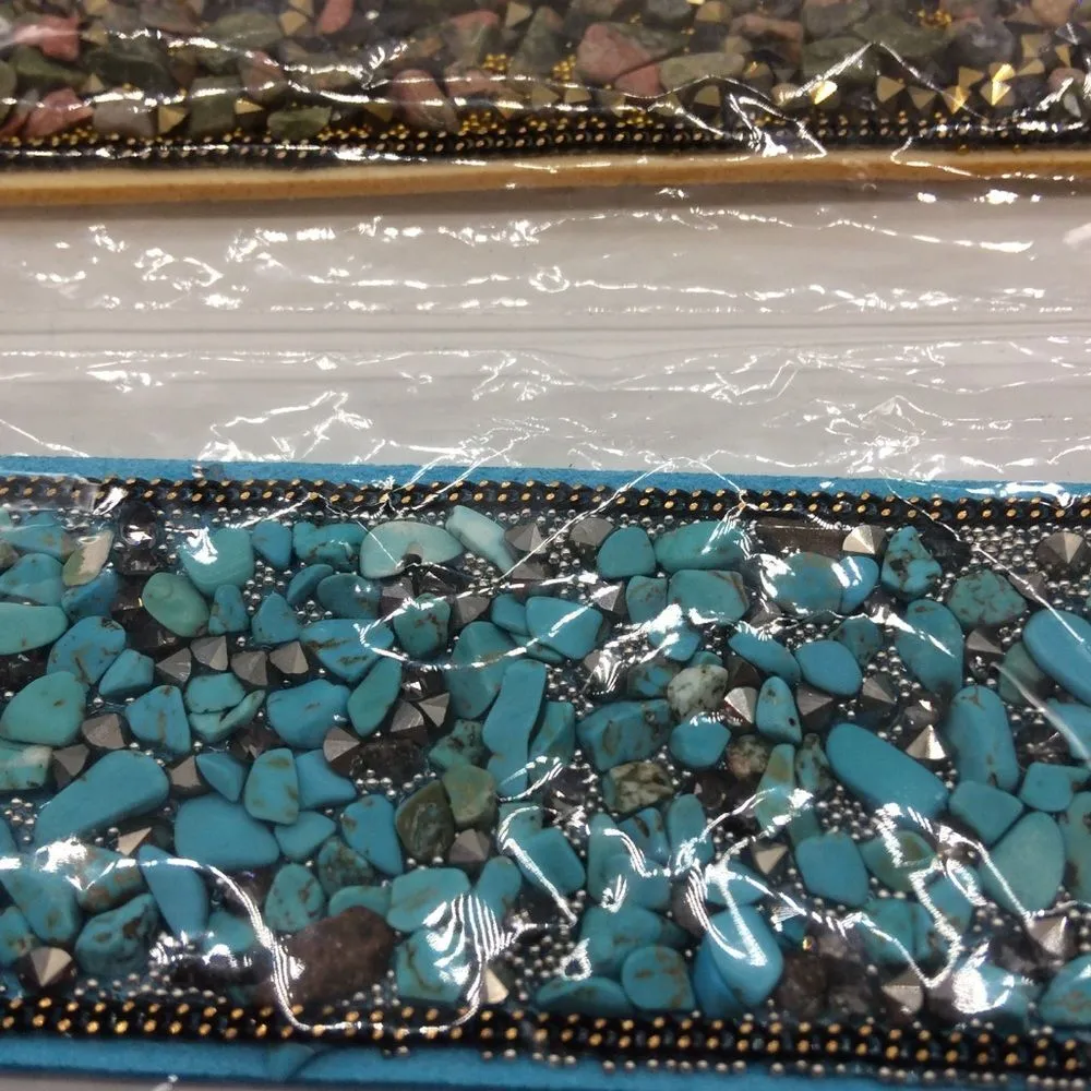 2 Vegan Leather Cuff/Wristband/Bracelet w/Natural Stones on Front Bohemian Vibe Blue - Image 4