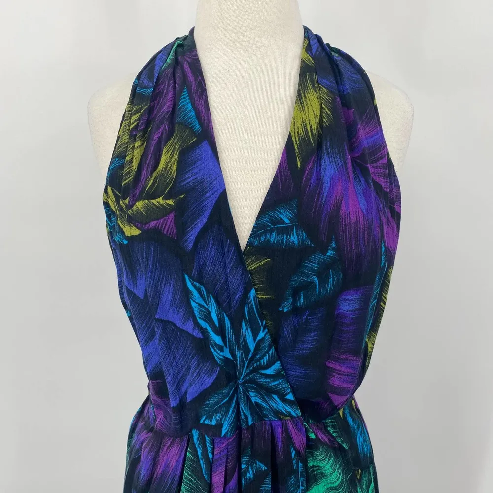Vintage Dawn Joy Dress Surplice Pleating Tropical Print Indigo Cover Up Womens 8 - Image 4