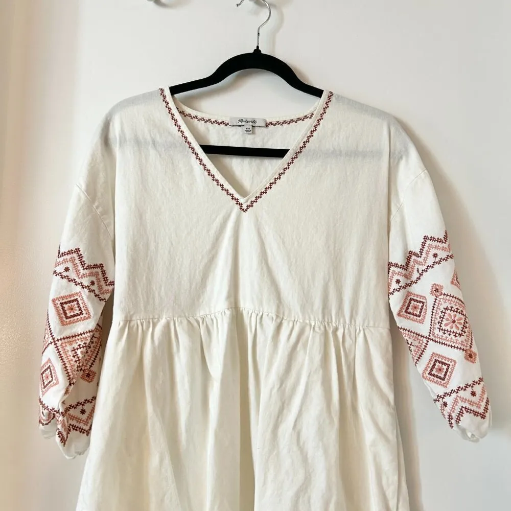 Madewell Linen Embroidered-Sleeve Popover Midi Dress Size XXS - Image 6
