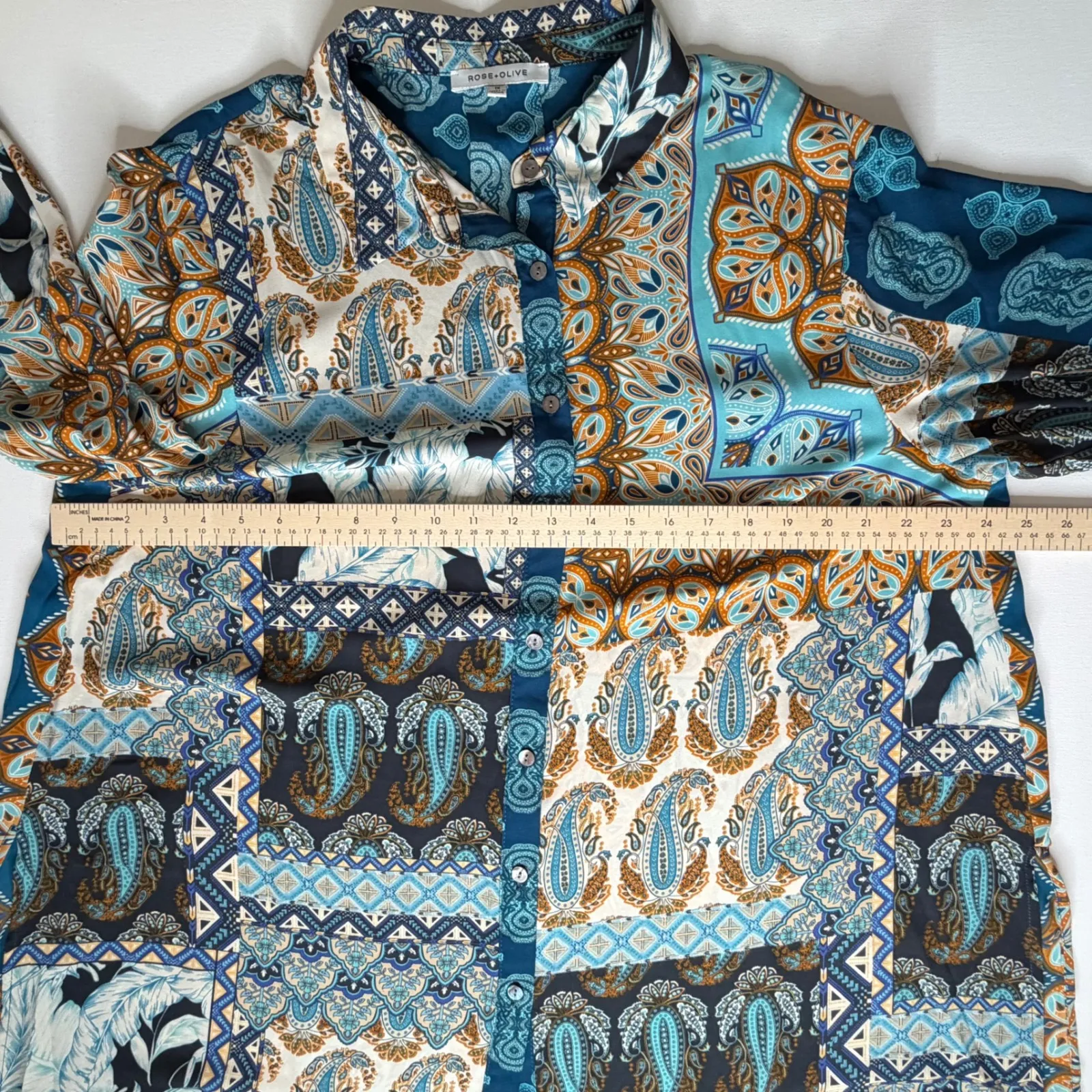 Rose + Olive Patchwork Paisley Button Down Shirt Sz 1X Blue Oversized Tunic Boho - Image 9