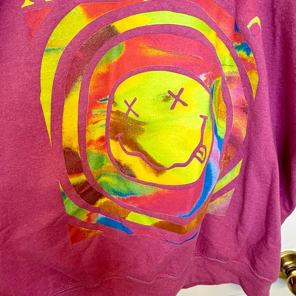 Nirvana Smiley Face Graphic Oversized Crewneck Sweatshirt Magenta Small/Medium - Image 4