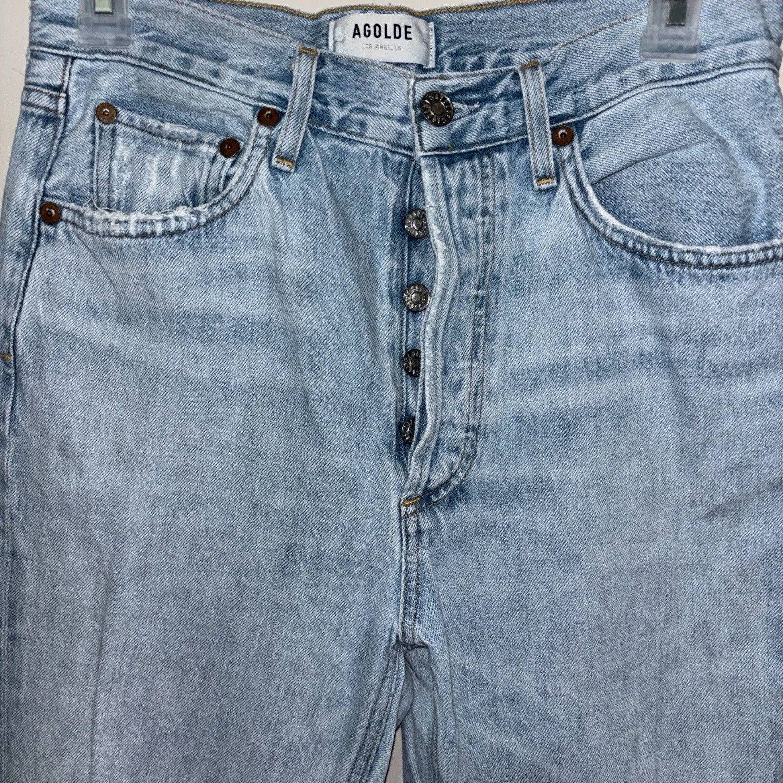 Agolde Riley High Rise Straight Jeans Women's Distressed Open Fray Knee 27 - Image 3