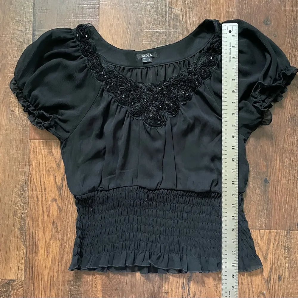 XOXO black top with roses and silver sequins, size M - Image 8