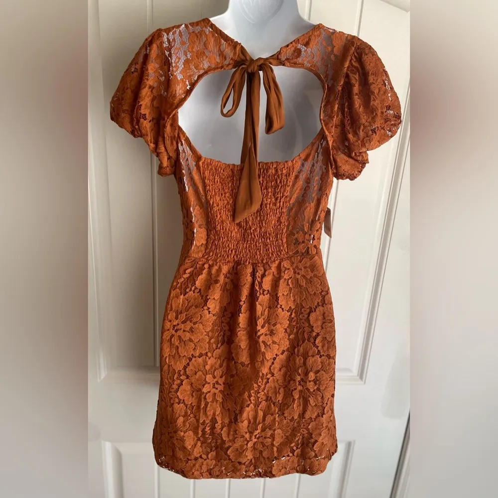 Free People Pretty Penny Burnt Orange Soft Lace Puff Sleeve Mini Dress Sz Small - Image 5