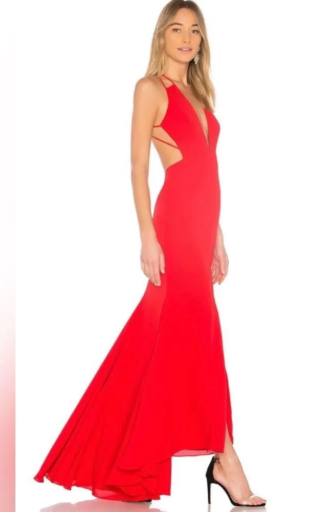 Fame and Partners Surreal Dreamer Red Deep V-Neck Open Back Gown SZ 2 - Image 5