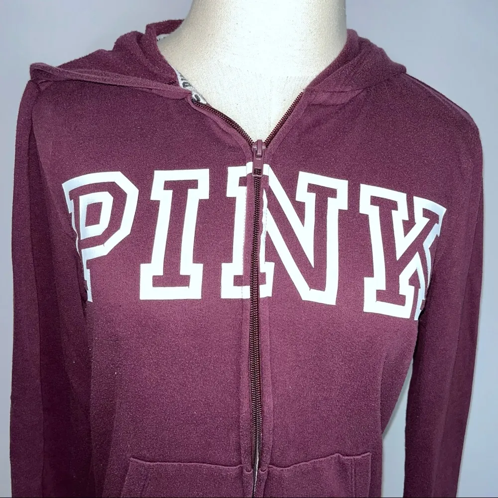 PINK VICTORIA’S SECRET Burgundy Maroon Wine Full Zip Hoodie Hooded Jacket XS - Image 2