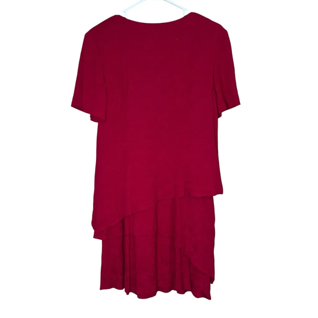 VTG S.L. Petites Red Tiered Ruffle Midi Dress Gauzy Floral Modest Sz 8P USA Made - Image 11