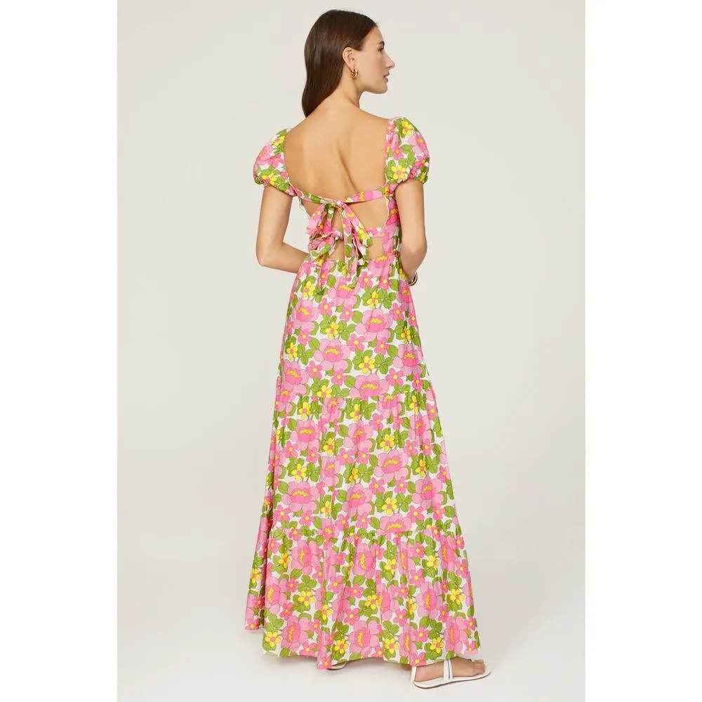 Show Me Your MuMu Cathy Pink Retro Floral Sweetheart Tie Back Puff Maxi Dress M - Image 3