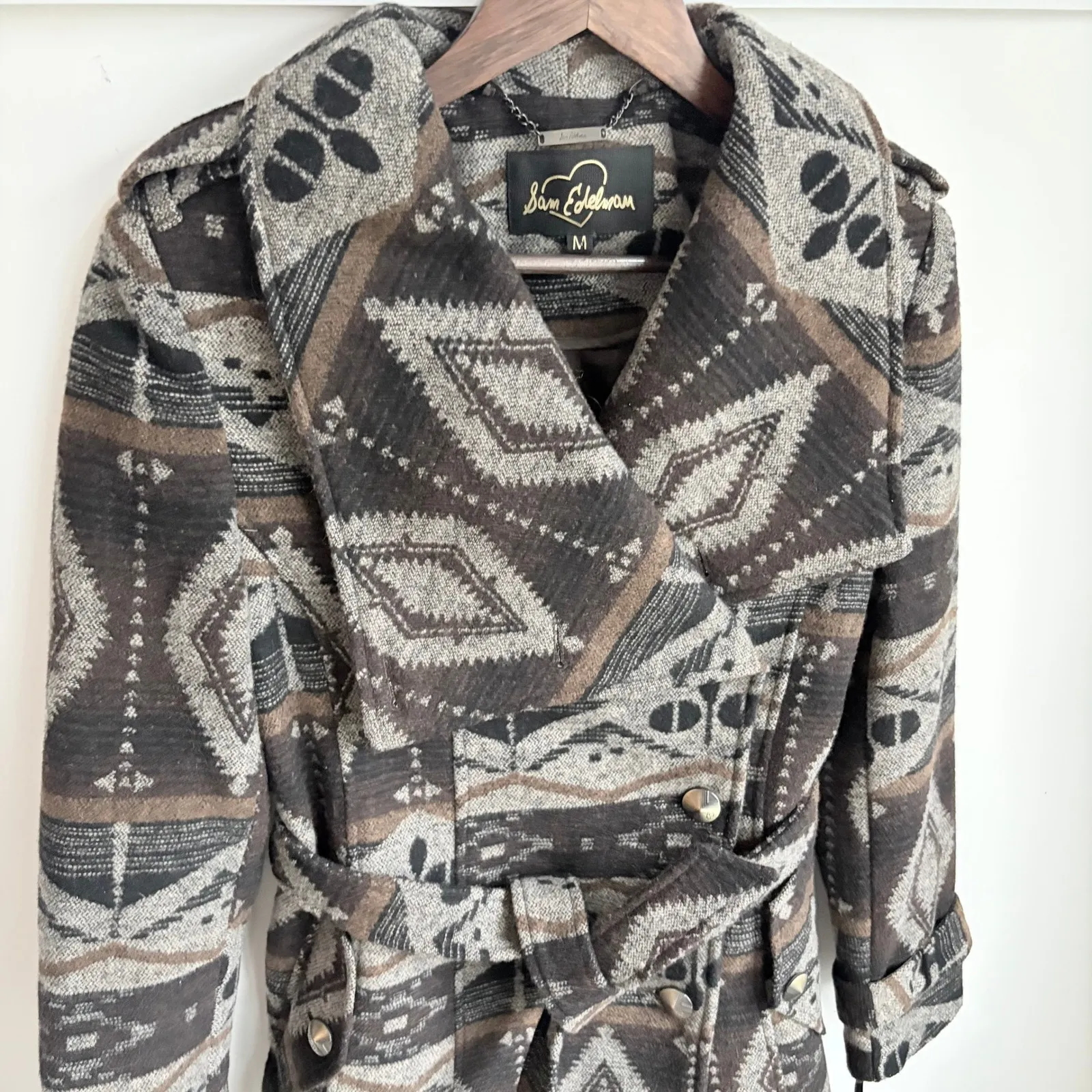 Sam Edelman Southwestern Medium Double Breasted Belted Trench Coat Jacket Wool - Image 5