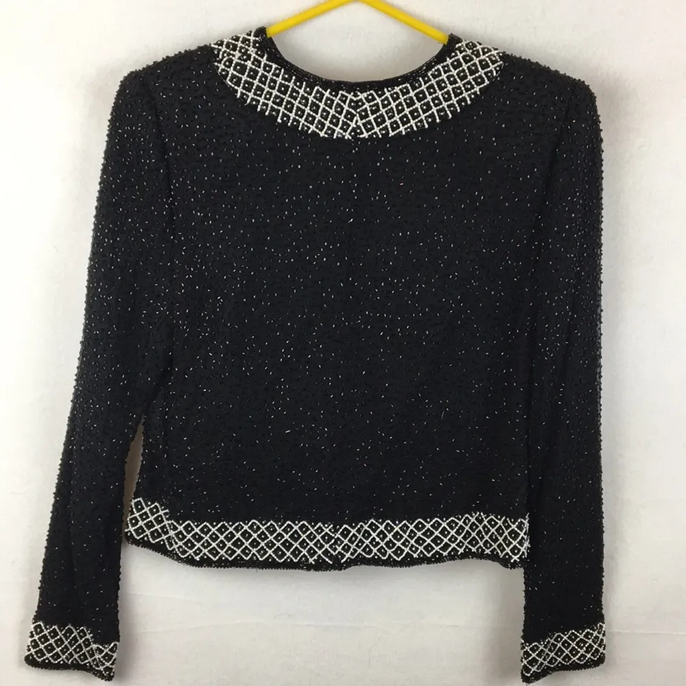 Brilliante Black & White Sequins Silk Collarless Long Sleeve Evening Jacket S - Image 2