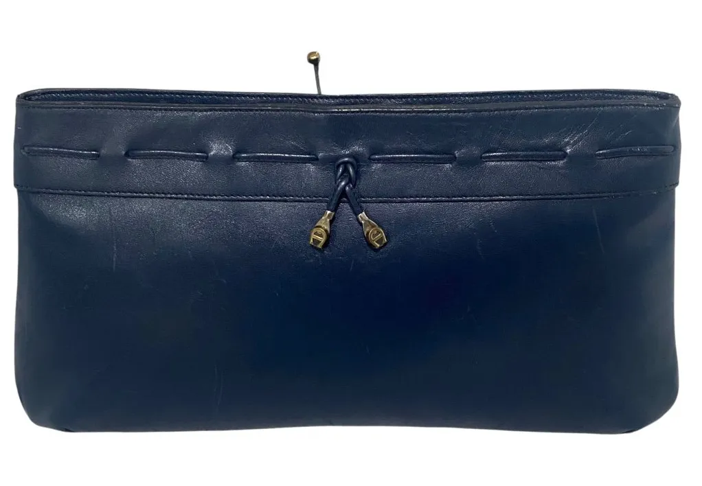 Vintage Etienne Aigner Navy Blue Leather Drawstring Clutch - Image 1